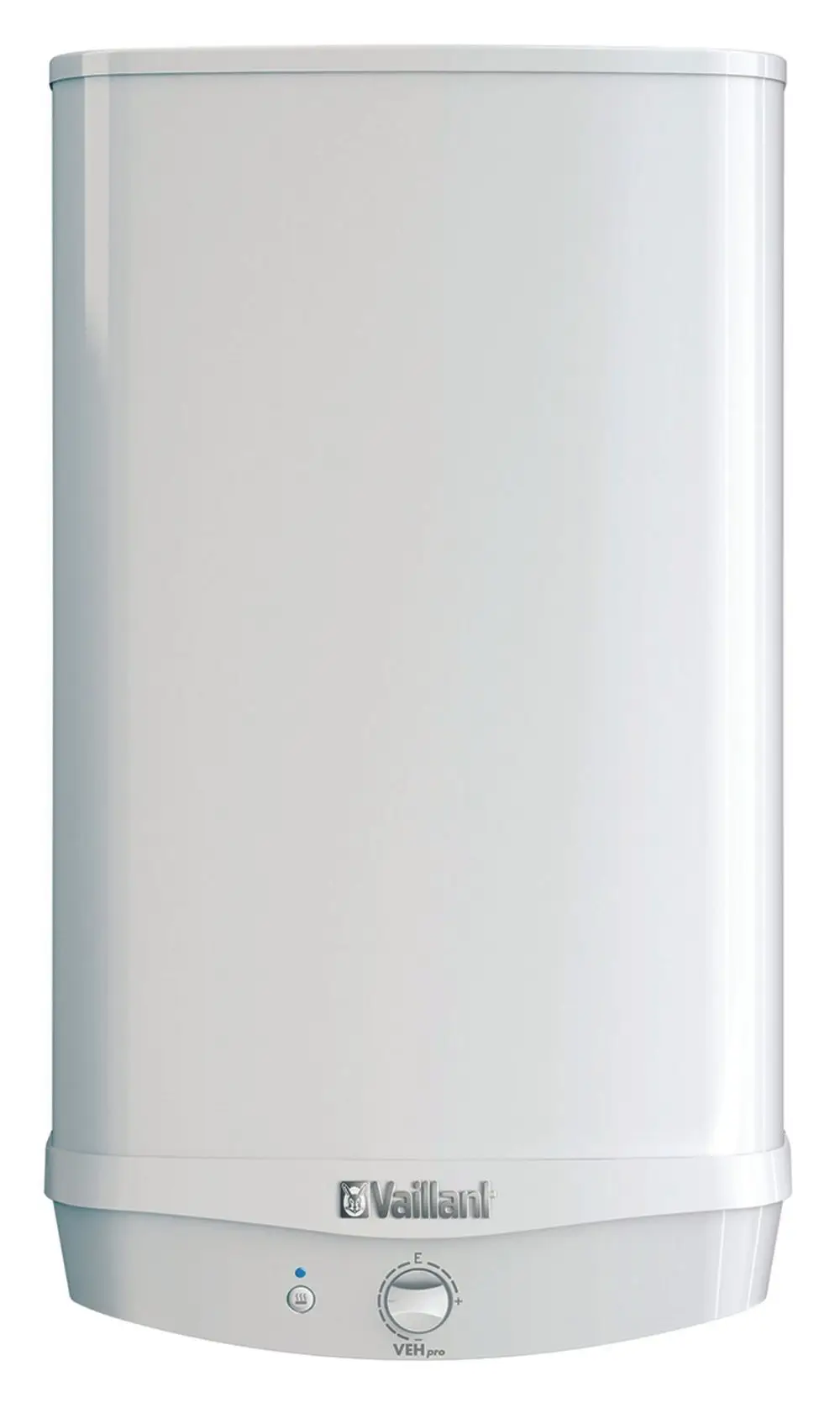 Weißer Wand-Warmwasserspeicher mit runder Form und Regler, eingebautes Vaillant-Logo. Das Gerät ist für die hydraulische Anbindung in geschlossenen Systemen konzipiert.